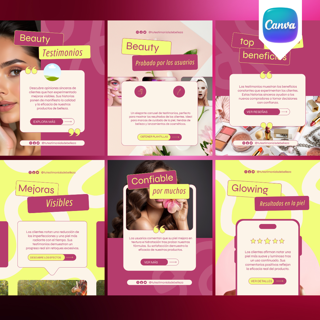 Pack de 6 Plantillas de Testimonios para Belleza | Canva Editable