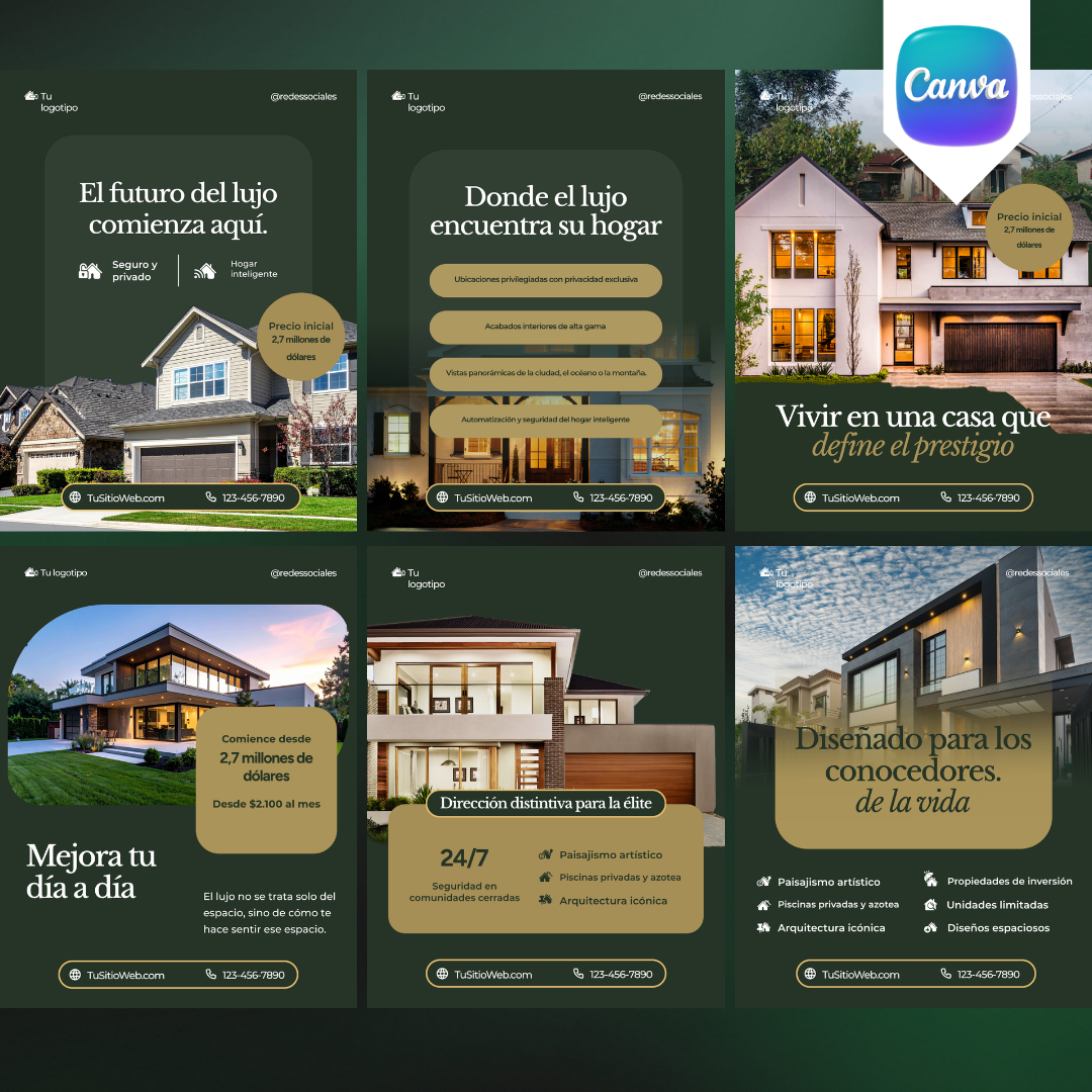 Pack de 6 Plantillas Inmobiliarias de Lujo para Instagram | Canva Editable