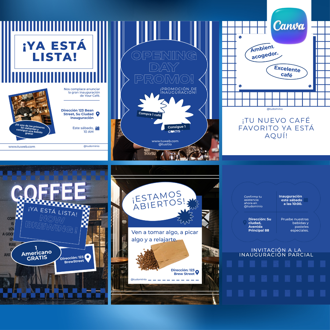 Pack de 6 Plantillas para Cafeterías y Aperturas | Canva Editable