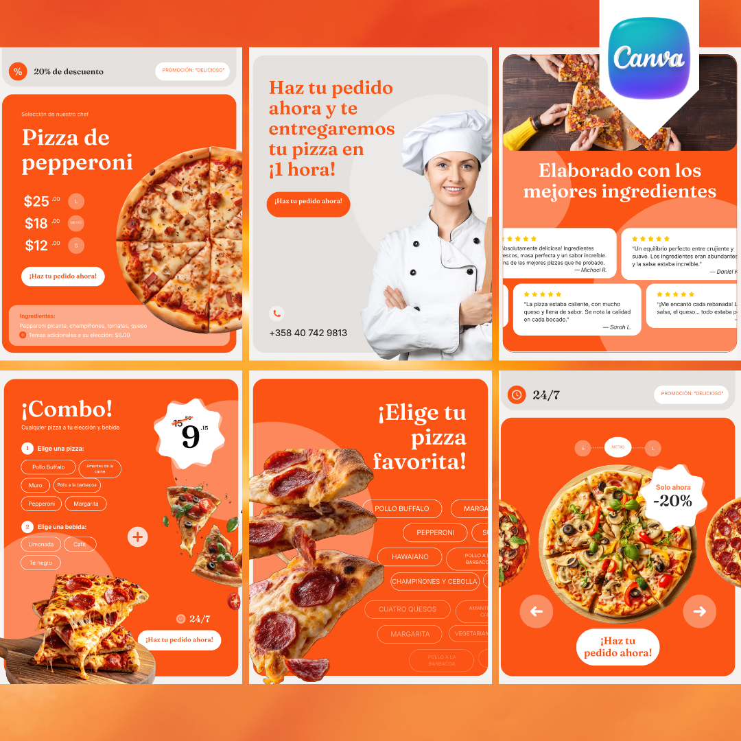 Pack de 6 Plantillas para Pizzerías | Canva Editable