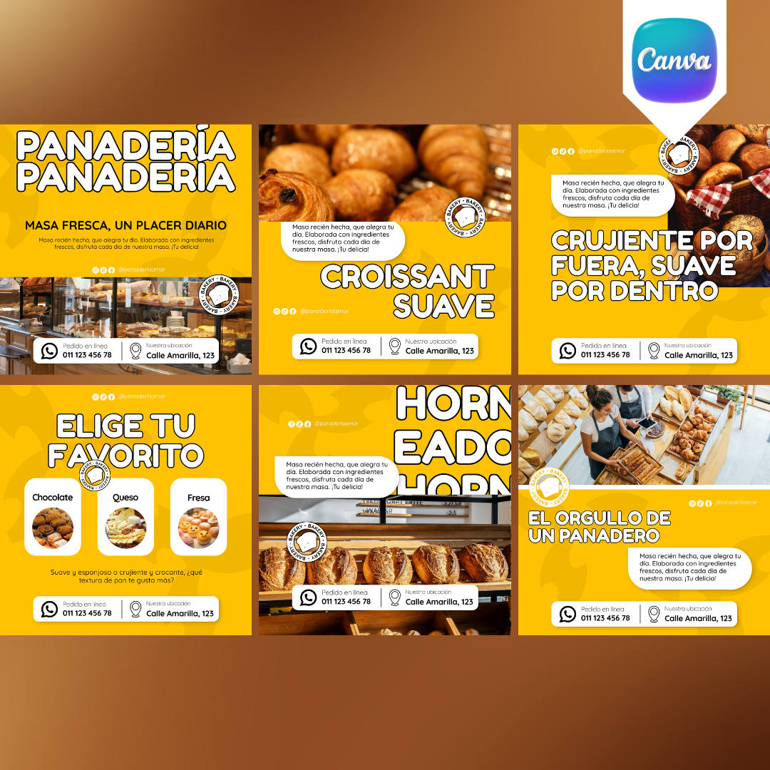 Pack de 6 Plantillas para Panaderías en Instagram | Canva Editable