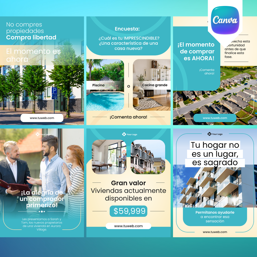 Pack de 6 Plantillas para Bienes Raíces en Instagram | Canva Editable