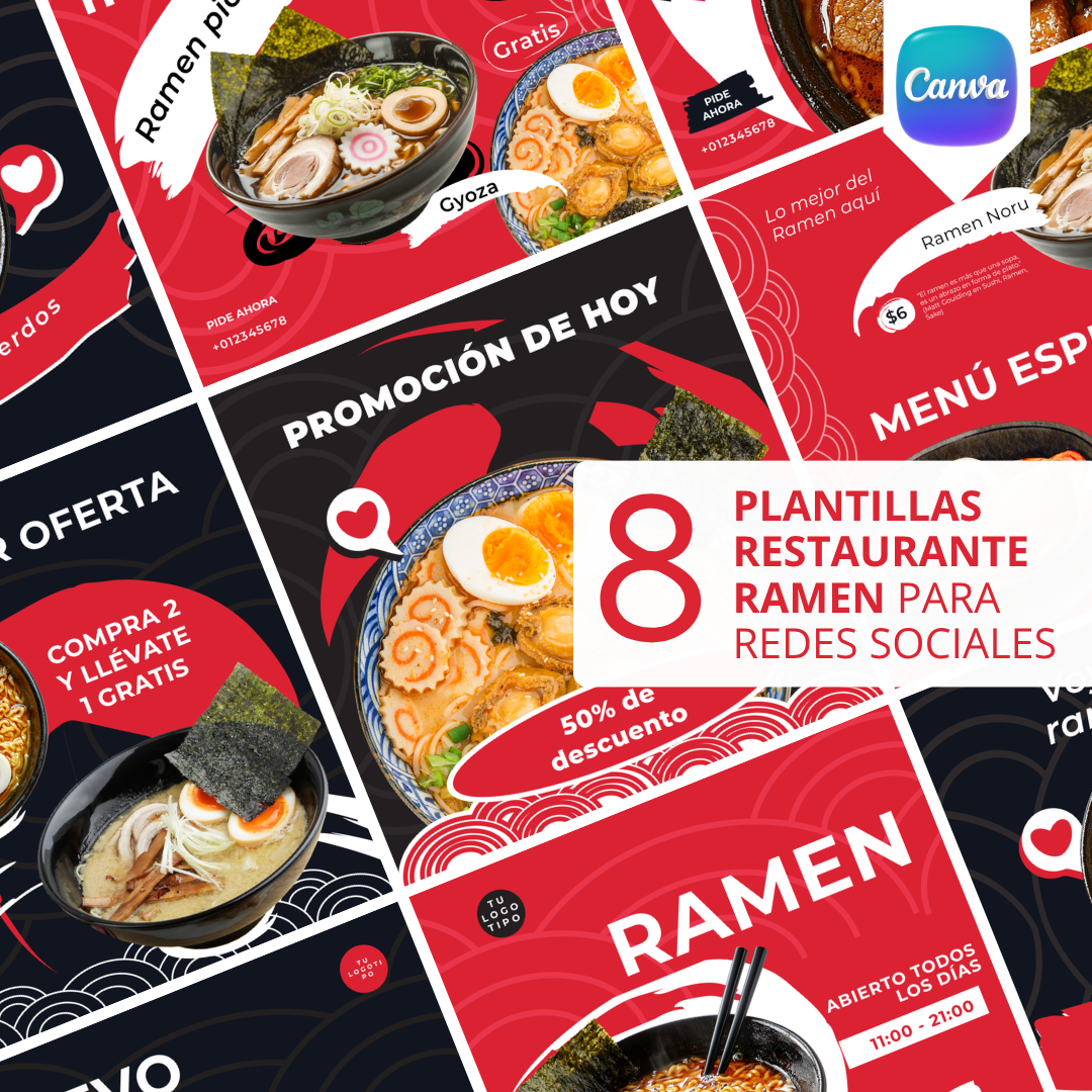 Pack de 8 Plantillas para Restaurante de Ramen | Canva Editable