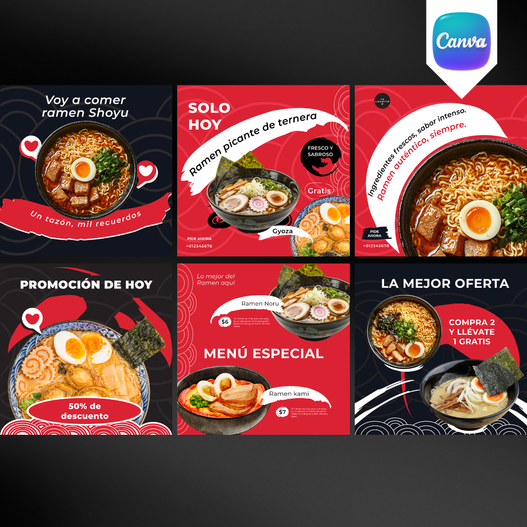 Pack de 8 Plantillas para Restaurante de Ramen | Canva Editable