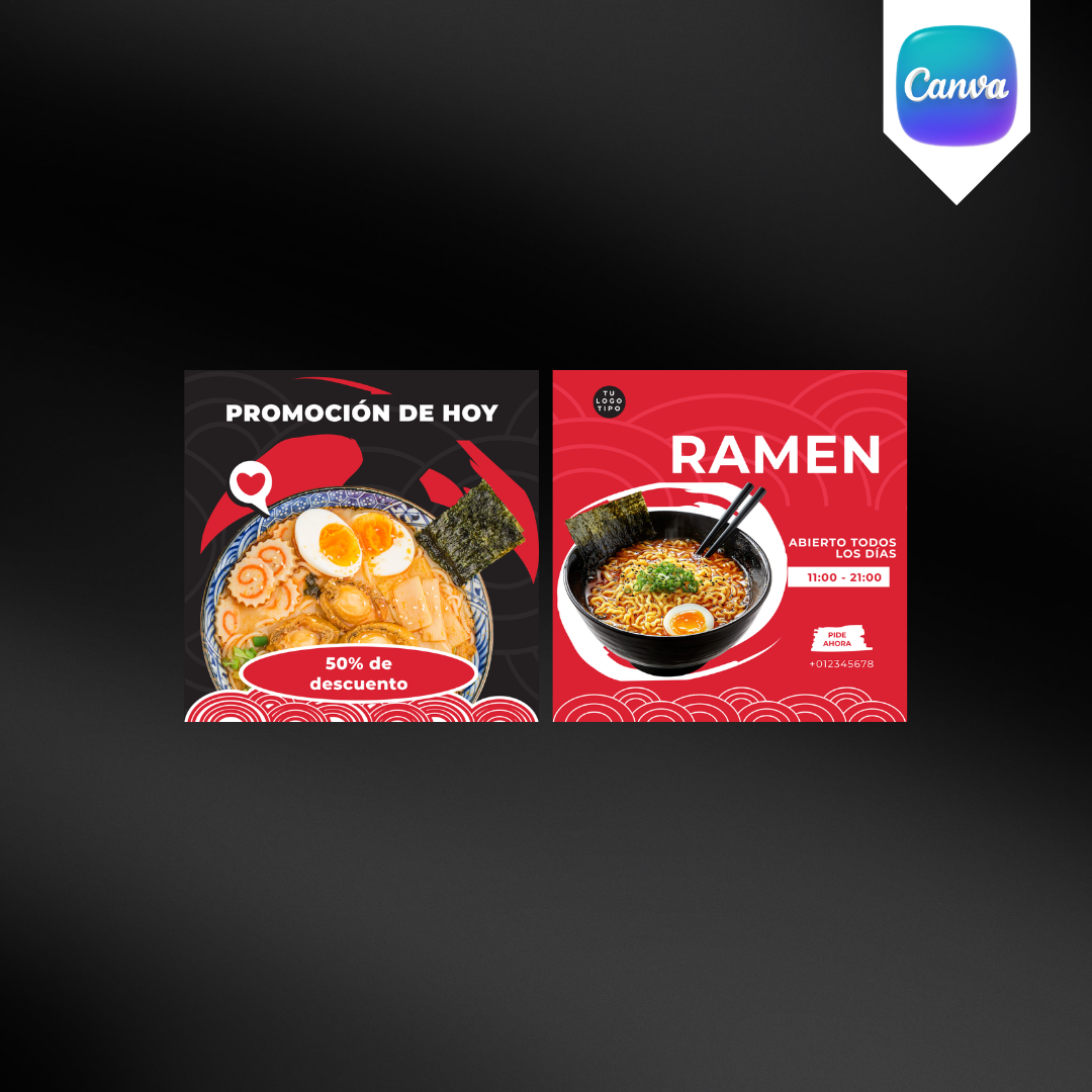 Pack de 8 Plantillas para Restaurante de Ramen | Canva Editable