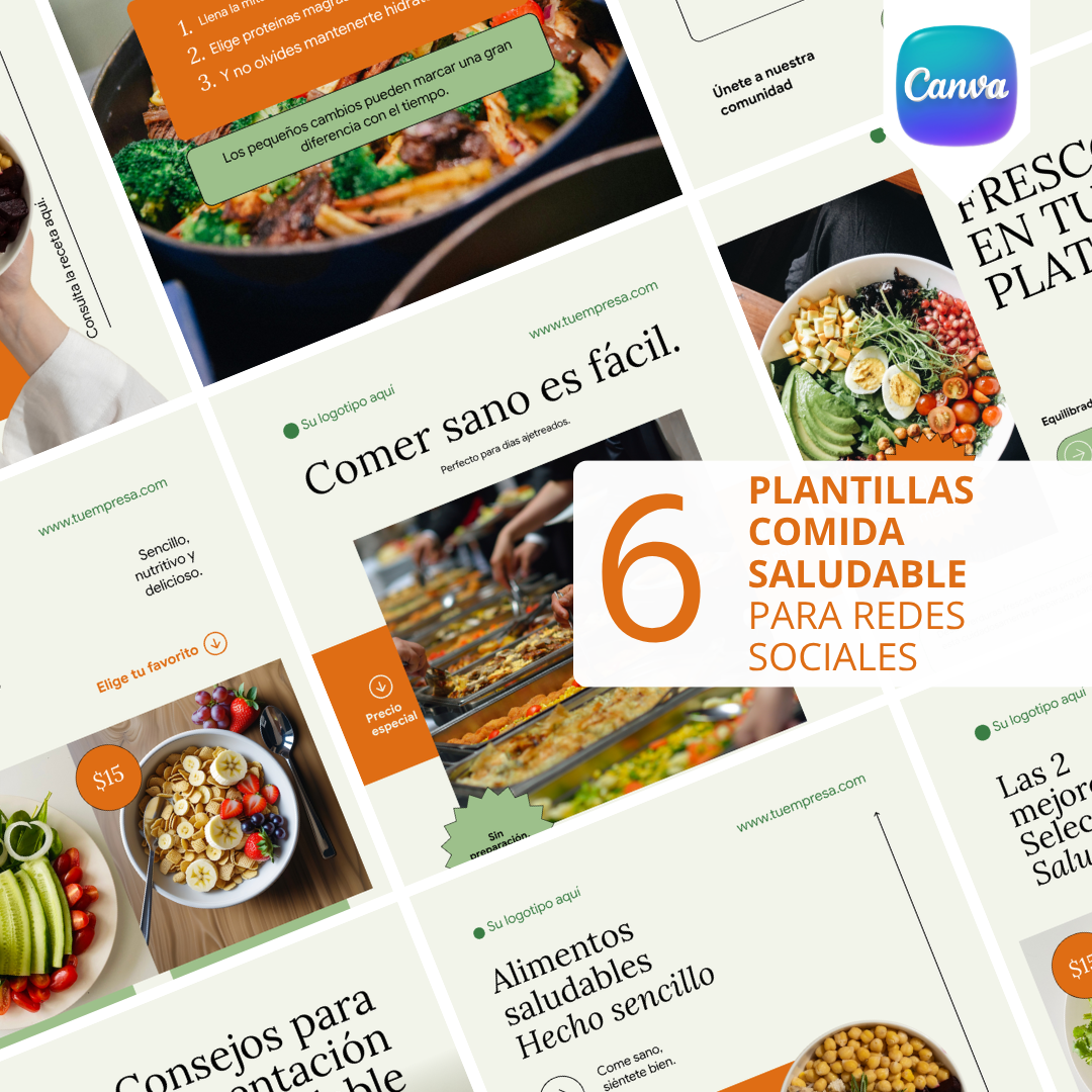 Pack de 6 Plantillas de Comida Saludable para Instagram | Canva Editable