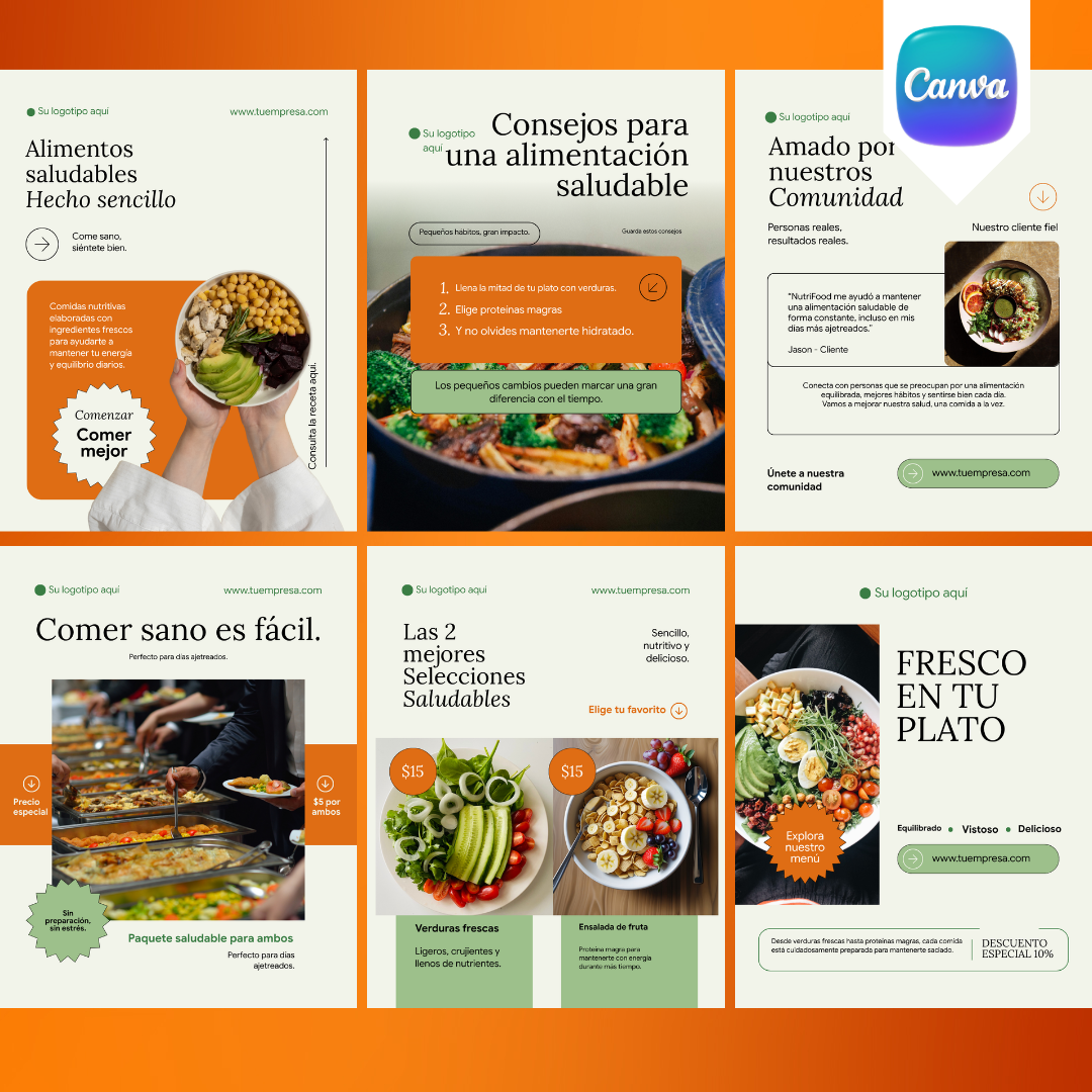 Pack de 6 Plantillas de Comida Saludable para Instagram | Canva Editable